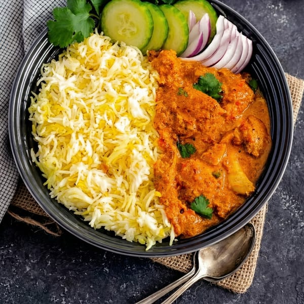 A black bowl filled with yellow rice, orange chicken curry, cucumber slices, and red onion.
