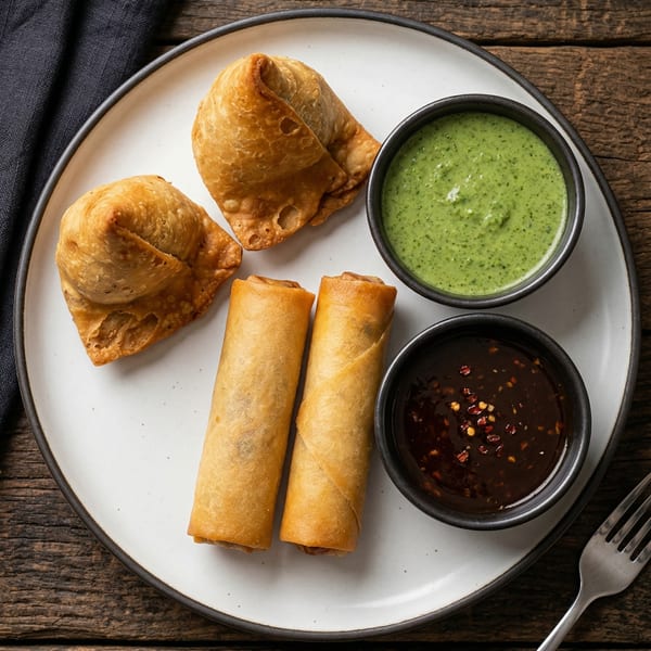 Two golden samosas, two spring rolls, and two dipping sauces on a white plate.
