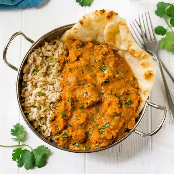 A metal bowl filled with chicken tikka masala, brown rice, and a piece of naan bread.