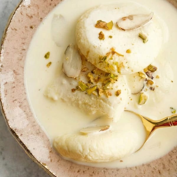 Rasmalai, an Indian dessert, in a pink bowl with a golden spoon, garnished with nuts.