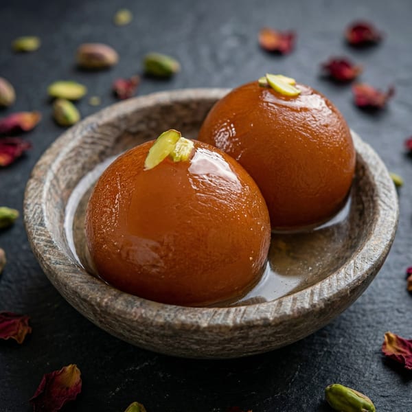 Two gulab jamun, garnished with pistachios, in a rustic bowl on a dark surface with rose petals.